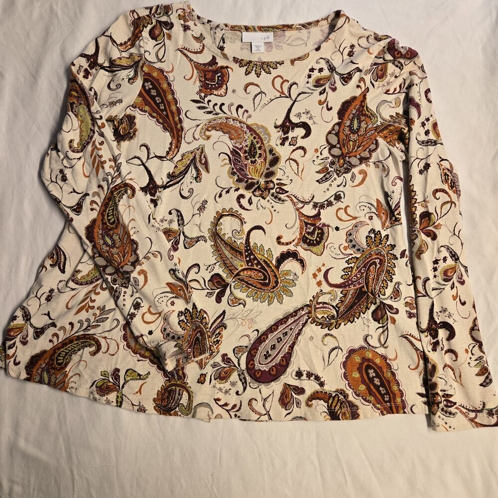 J Jill Women's Size XS Beige Floral Paisley Print Long Sleeve Shirt Casual Work